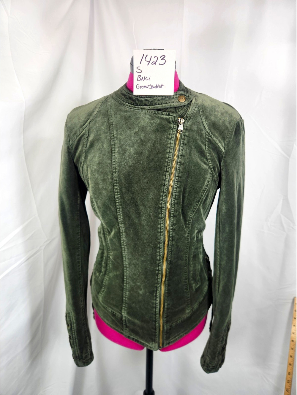 BNCI Women's S Green Biker Jacket Zip Lace-Up Lined Long Sleeve Short AH-430